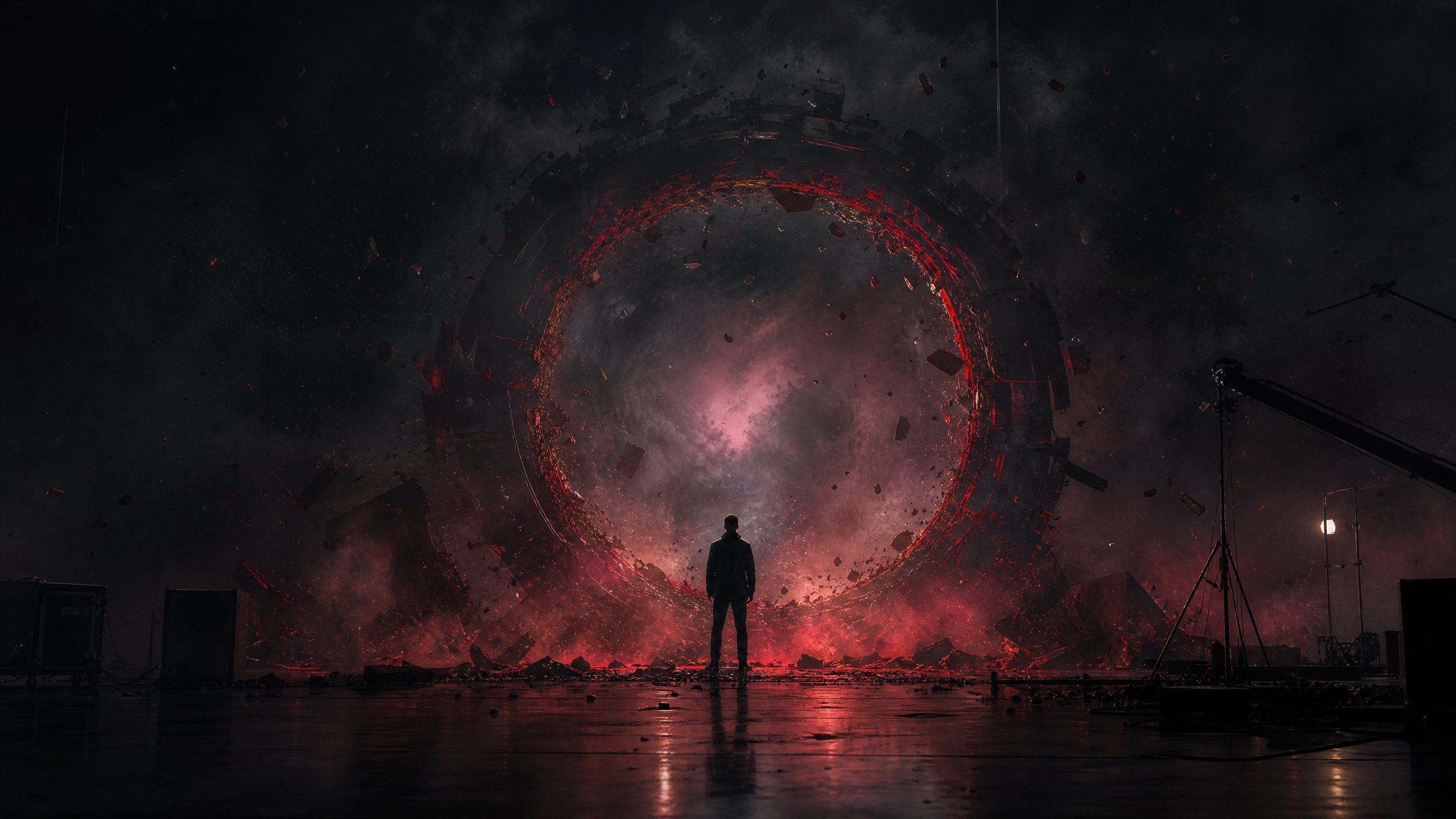 VFX compositing scene with portal and floating debris