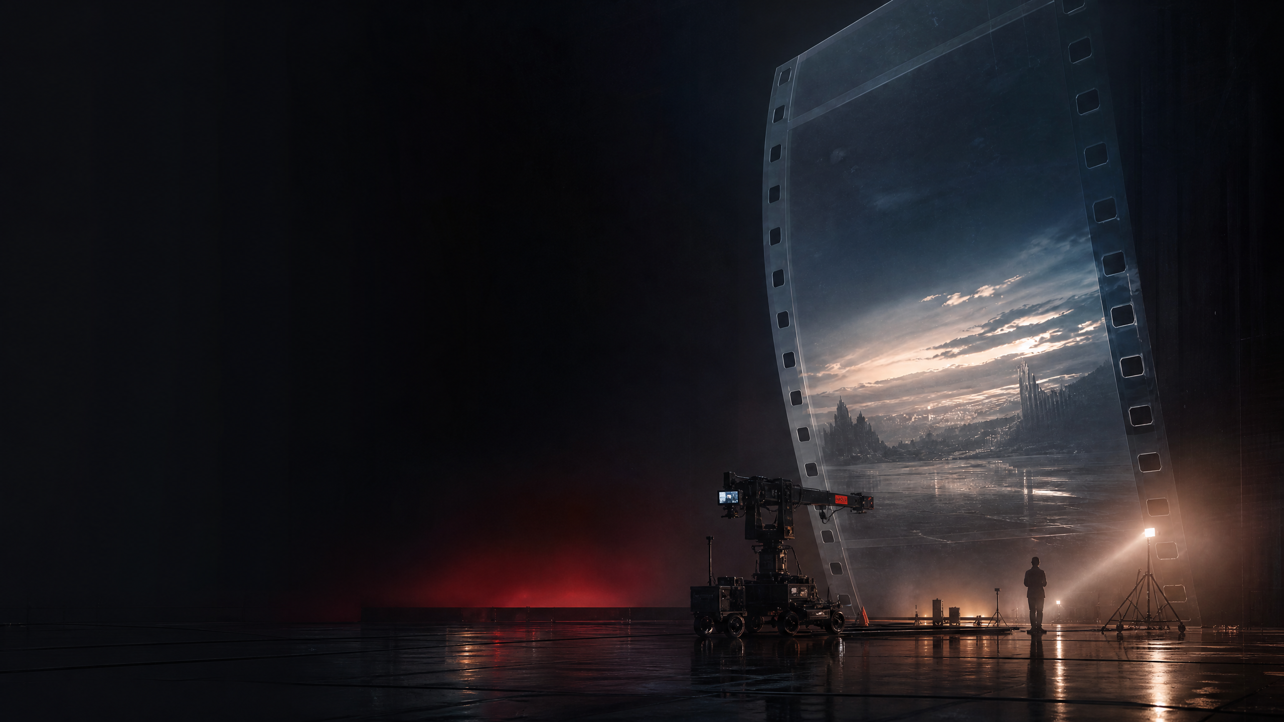 Virtual production stage with luminous digital landscape